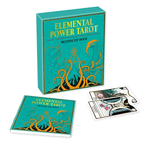 Teal tarot box with elemental designs, cards, and illustrated guidebook shown.