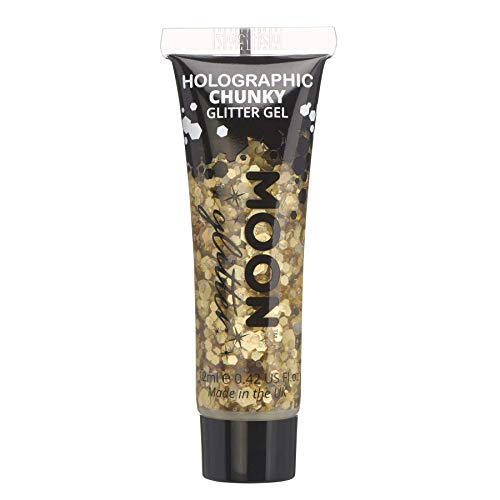 A tube of gold chunky glitter gel labeled Moon Glitter against a white background.