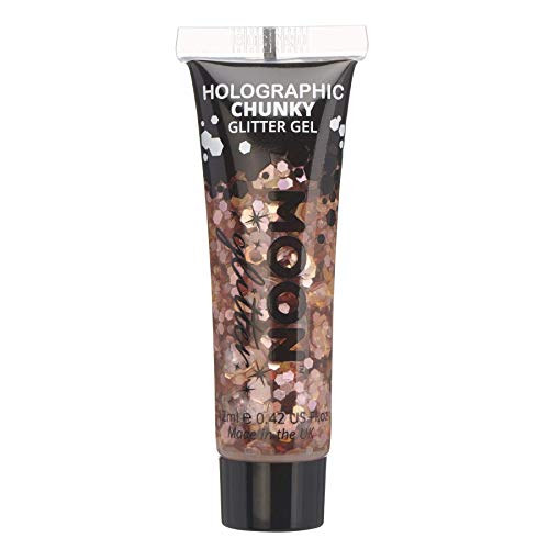 A tube of rose gold holographic chunky glitter gel by Moon Glitter.