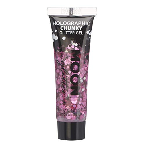A 12ml tube of pink holographic chunky glitter gel by Moon Glitter.
