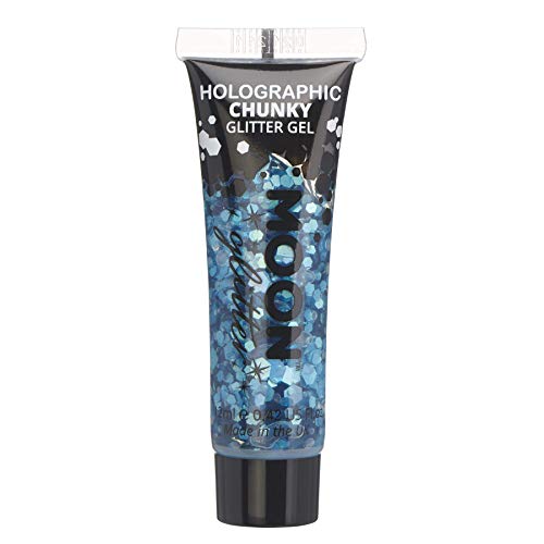A tube of blue holographic chunky glitter gel by Moon Glitter.