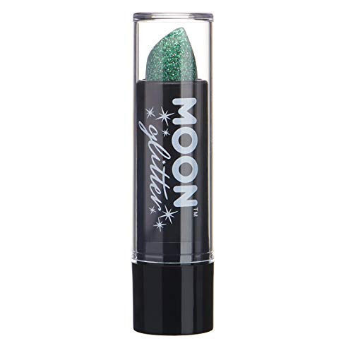 A tube of green holographic glitter lipstick with a clear cap and black base.