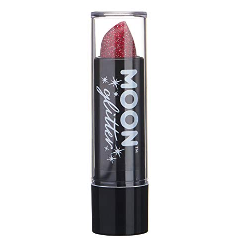 A tube of red glitter lipstick with the Moon Glitter logo on the side.