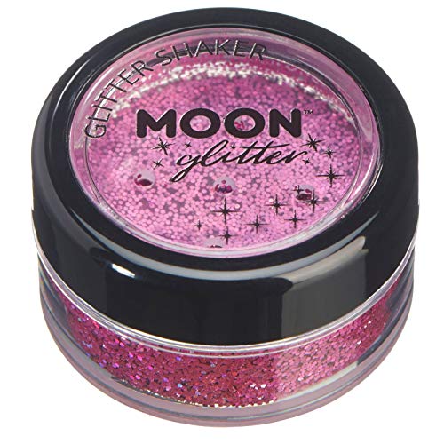 Small round jar filled with pink holographic glitter, labeled Moon Glitter on the lid.