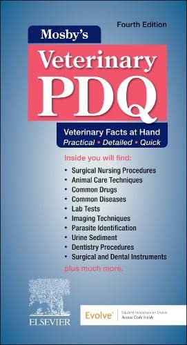 Red veterinary reference book, "Mosby's Veterinary PDQ," fourth edition.