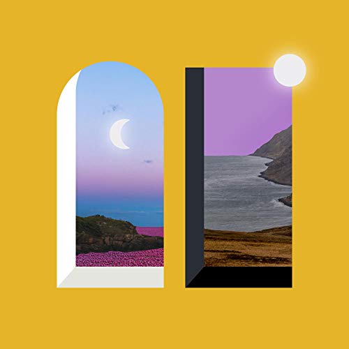 "Album cover with two landscape scenes, one with a moon, the other with a sun."