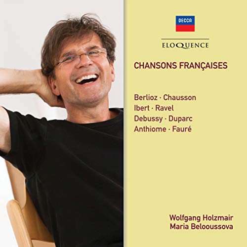 CD cover featuring smiling man, Wolfgang Holzmair, and text “Chansons Françaises”.