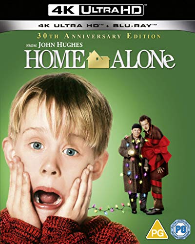 “Home Alone” UHD Blu-ray cover featuring a surprised boy and two burglars.