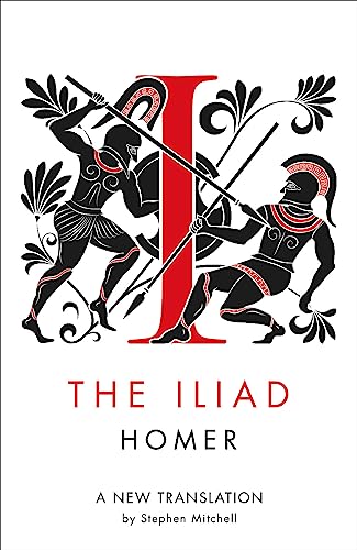 Book cover: “The Iliad” with black figures flanking a large red letter “I”.