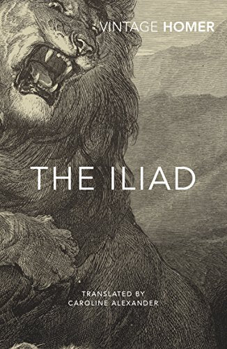 Book cover of "The Iliad" featuring a roaring lion illustration in sepia tones.