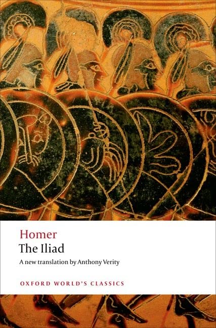 Book cover of Homer's The Iliad featuring ancient Greek pottery art of soldiers with shields.