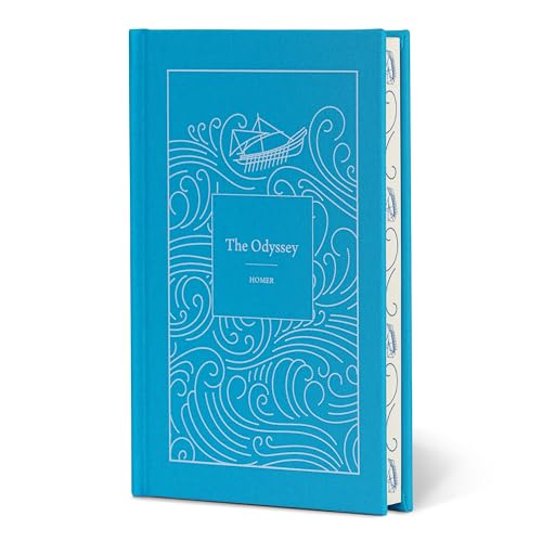 Blue book cover for "The Odyssey" by Homer with a ship illustration.