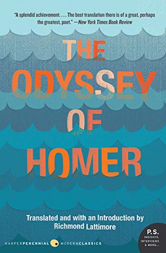 Book cover for The Odyssey of Homer with orange text over blue ocean waves.