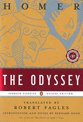 Orange and blue book cover for Homer’s *The Odyssey*, Penguin Classics Deluxe Edition.