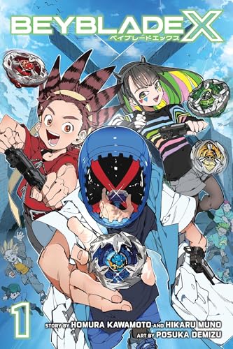 Manga cover featuring three characters holding Beyblade spinning tops against a blue sky background.