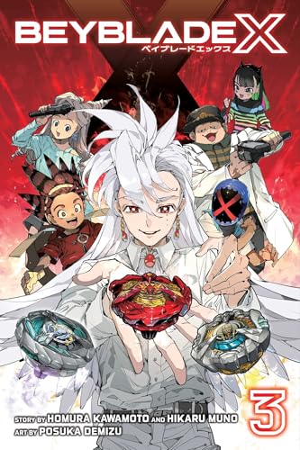 Manga cover of Beyblade X Volume 3 featuring characters and spinning tops on red.