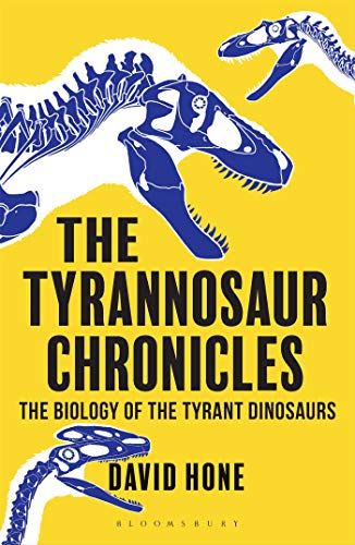 Book cover with blue Tyrannosaurus Rex skeleton illustration on yellow background.