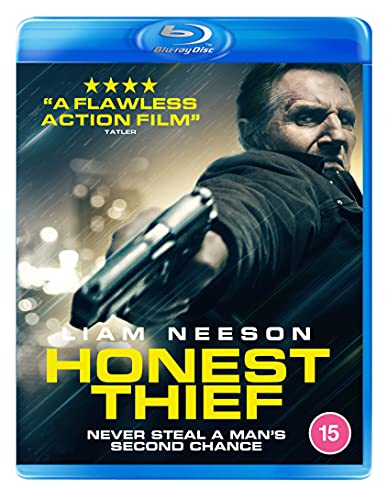 Blu-ray cover for "Honest Thief" featuring Liam Neeson holding a gun.