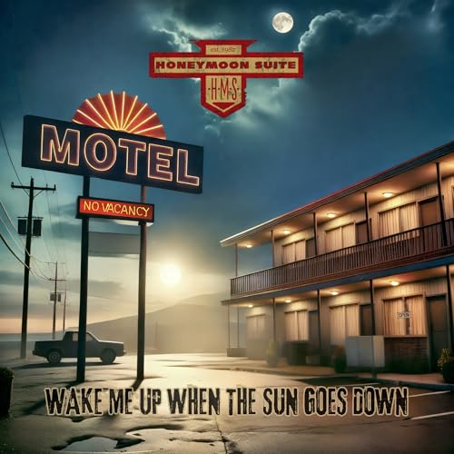 A motel with a neon sign under a night sky with a full moon.