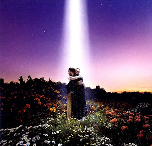 Couple embracing in a field, with a bright light descending from the sky.