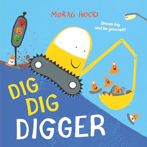 A yellow cartoon digger scoops smiling orange traffic cones against a blue background.