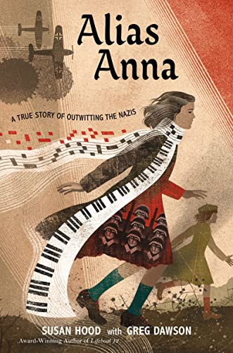 Book cover: illustrated girl with piano keys, airplane overhead.