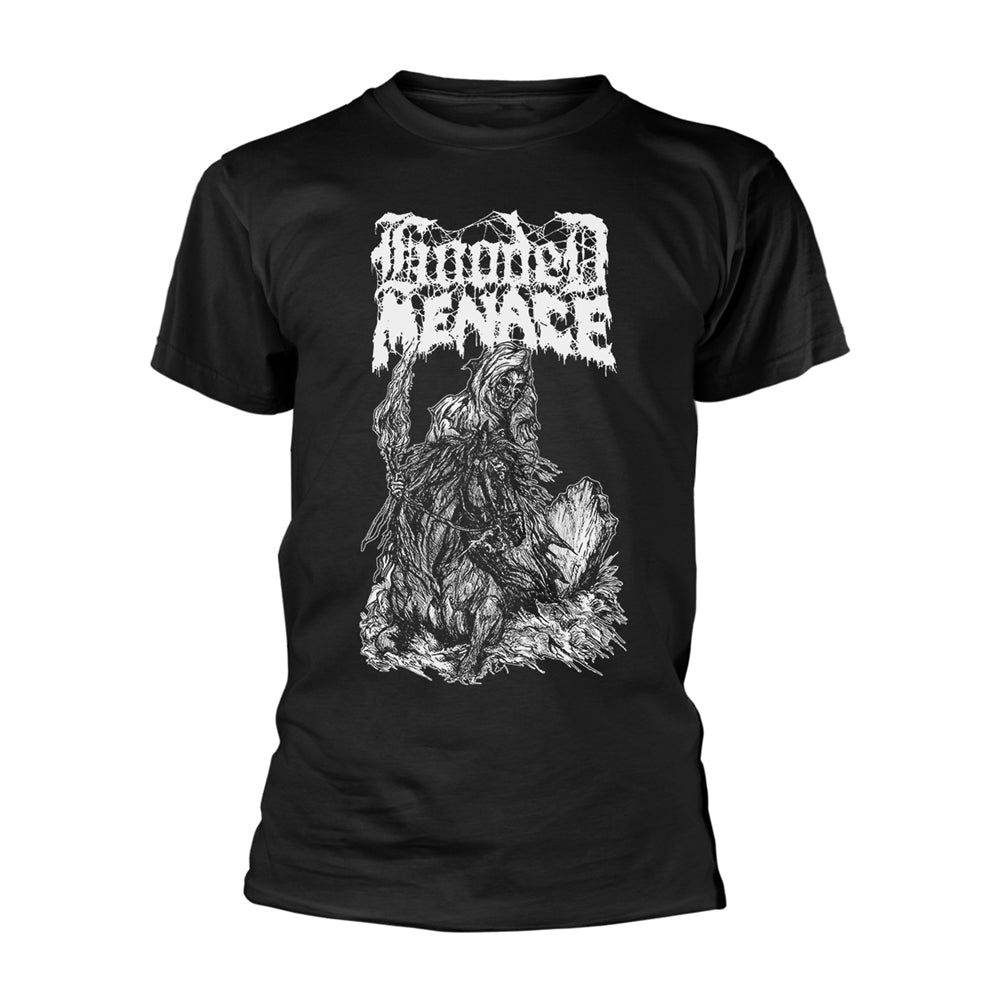 Black t-shirt with white graphic of a hooded skeletal figure.