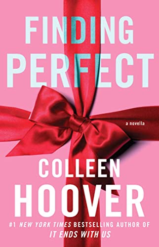 Book cover with a red ribbon on a pink background, titled Finding Perfect by Colleen Hoover.