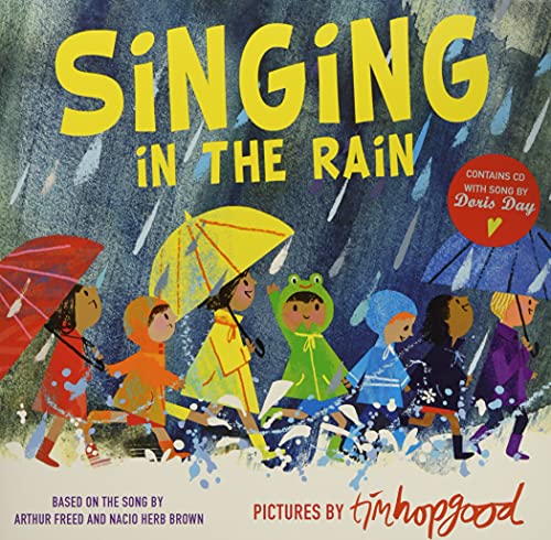 Children with umbrellas joyfully walk in the rain, book cover.