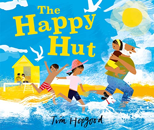 Book cover: family and dog running towards a beach hut under a sunny sky.