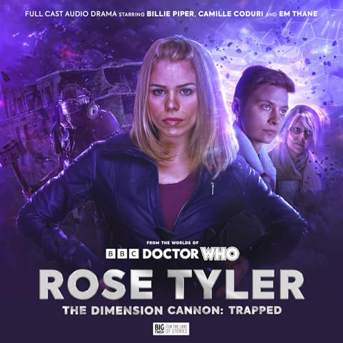 Rose Tyler and companions in a dramatic, sci-fi scene with the Doctor Who logo.