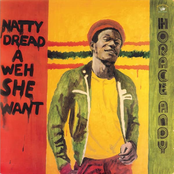 Painting of Horace Andy wearing a red cap against a yellow, red, and green background.