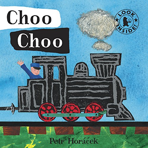 A black steam train with red wheels and a conductor waving on a blue background.
