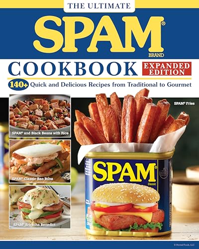 SPAM cookbook cover with photos of SPAM dishes and a can of SPAM.
