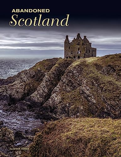 Ruined castle on a rocky Scottish coastline under a cloudy sky.