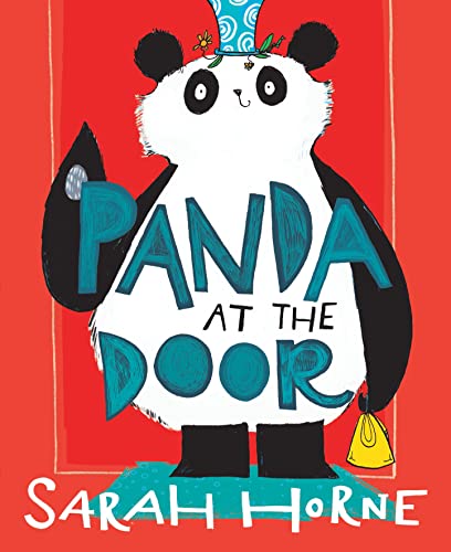 Panda wearing a top hat stands at a red door, book cover.
