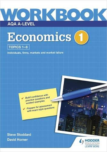 Blue āEconomics Workbook 1ā cover with pen, sticky note, and city image.
