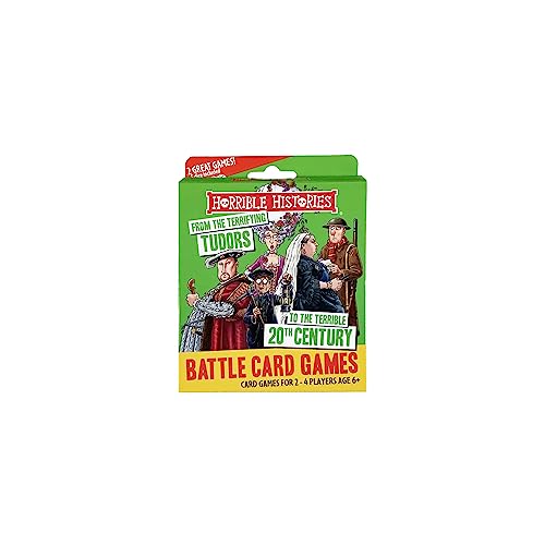 Horrible Histories battle card game box featuring illustrated historical figures on a green background.