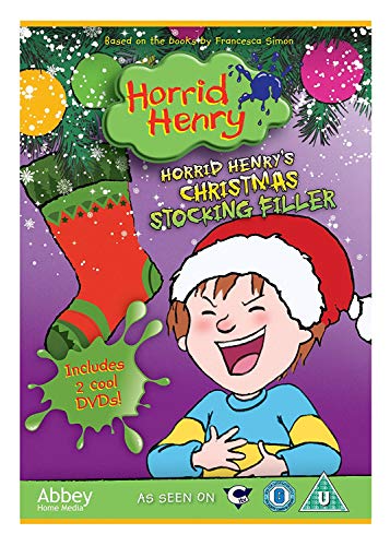 Horrid Henry wearing a Santa hat next to a Christmas stocking on DVD cover.