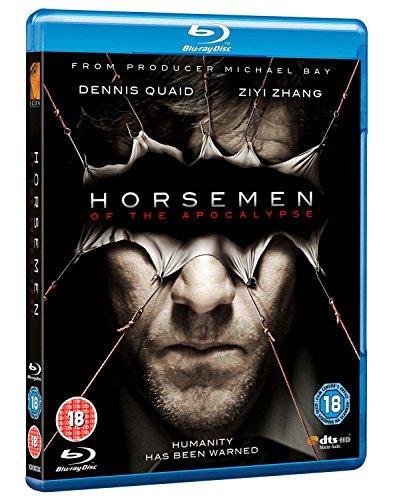 Horsemen" Blu-ray cover featuring a distressed face bound with red string.
