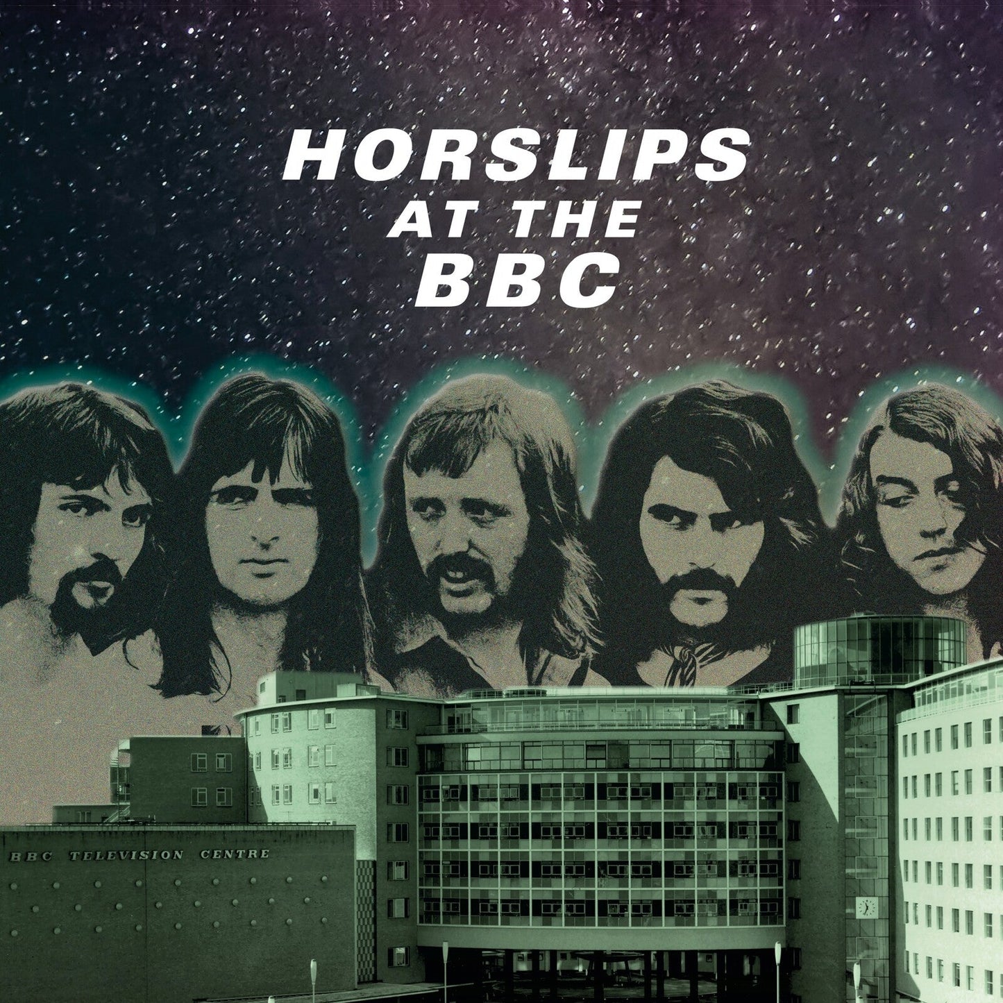 Horslips album cover featuring five band members and a building.