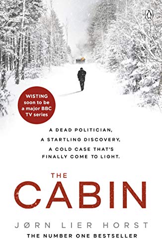 Book cover: snowy woods, lone figure, bold red title "THE CABIN".