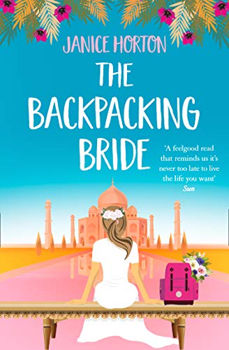 Book cover: bride with backpack facing Taj Mahal, floral decorations.