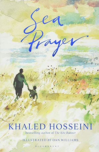 Watercolor illustration of a man and child walking through a field by the sea.