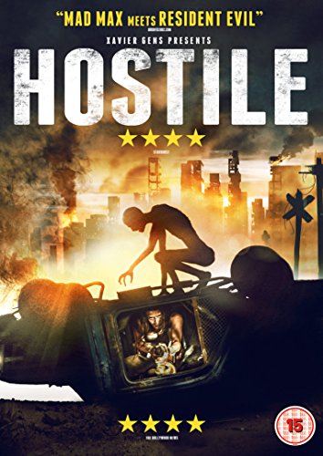 Hostile" DVD cover: man on overturned vehicle amid burning city.