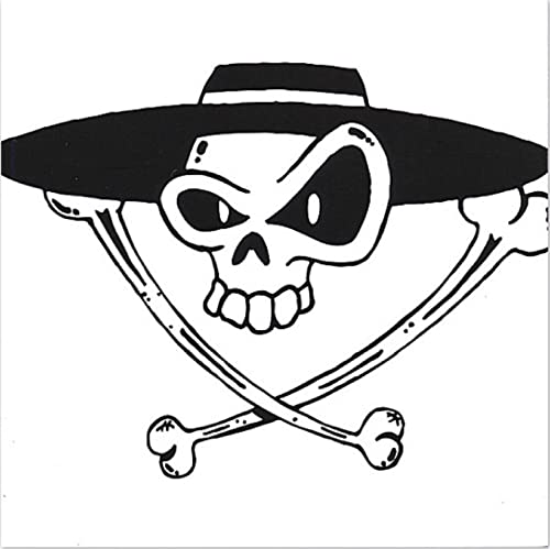 Black and white skull with hat and crossed bones graphic.