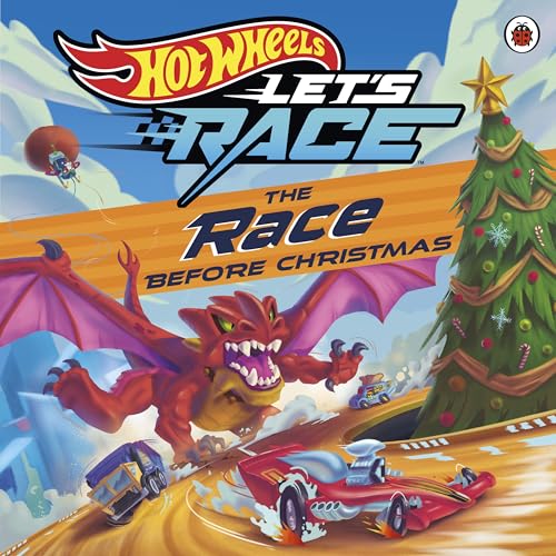 Hot Wheels book cover featuring a red dragon, race cars, and a Christmas tree.