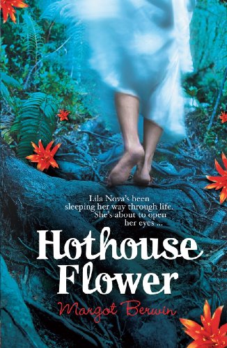 Book cover: woman’s legs and feet amidst tropical plants and roots.