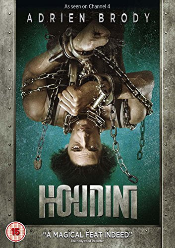 Adrien Brody hanging upside down in chains on the Houdini DVD cover.