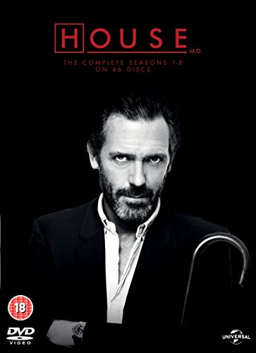 House M.D. complete series DVD box set featuring Gregory House with his cane.